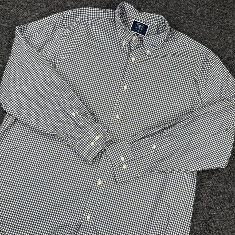 Charles Tyrwhitt Button Down Shirt Mens XXL Navy Gingham Classic Fit Non-Iron